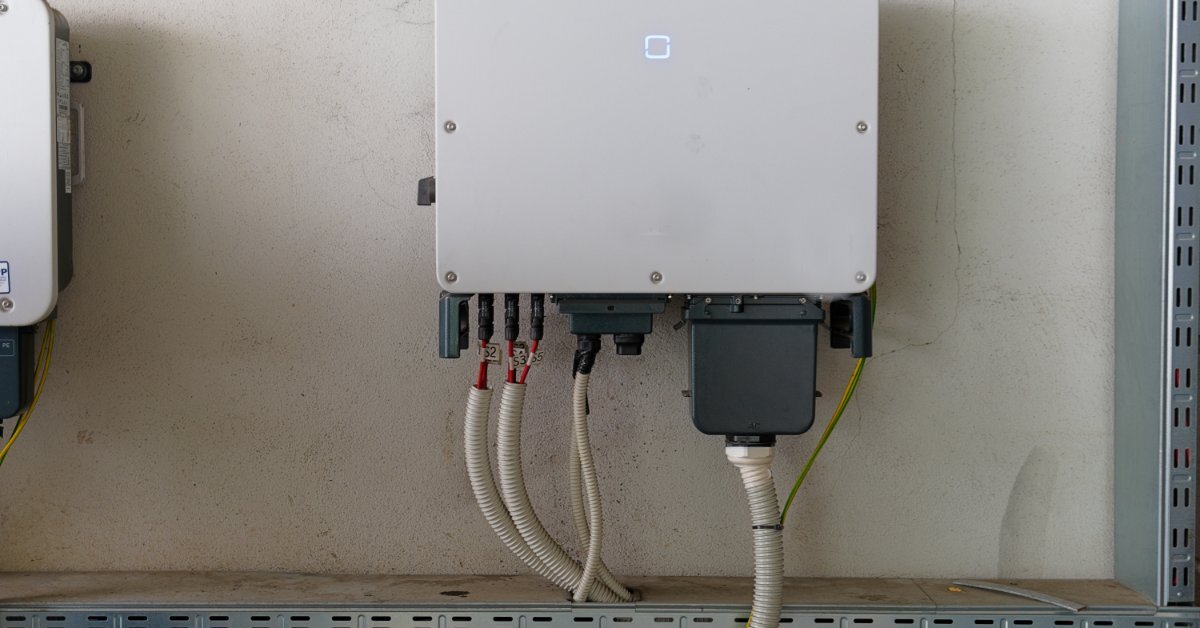 Why Durable Solar Placards Matter for System Safety A white solar inverter mounted on a wall with connected cables, conduit, metal rails, and nearby electrical boxes.