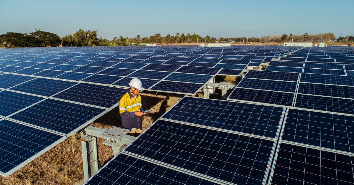 A solar power technician standing between solar panels. He is wearing safety gear and looking at a tablet.