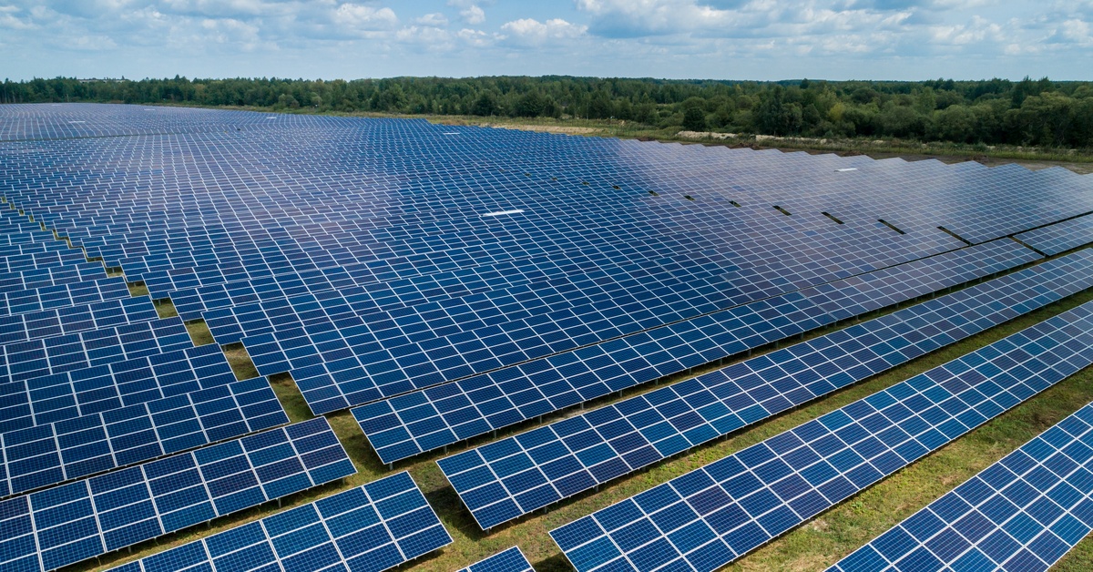 Multiple rows of solar panels covering a field of grass. There are various trees surrounding the field.