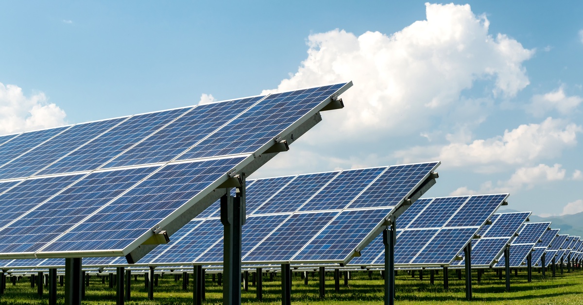 How Label Design Impacts Solar Branding and Professionalism A solar farm with rows of solar panels set up on a field of grass. The sky is blue, with a few clouds behind the panels.
