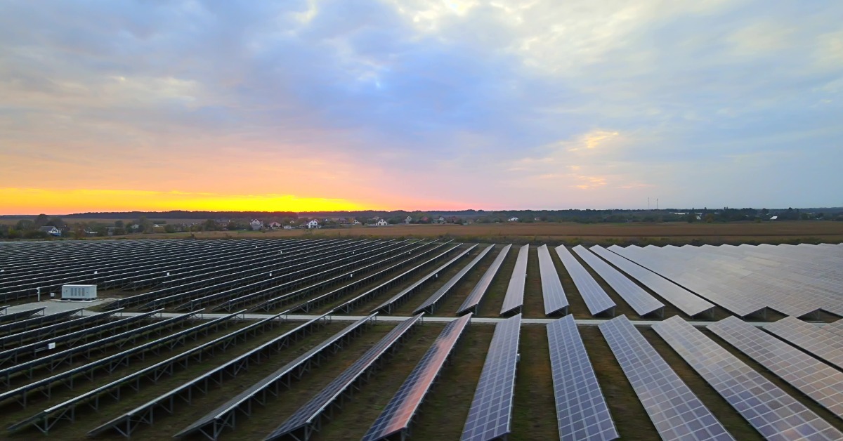 A large-scale solar farm in a field with multiple rows of solar panels. In the distance, the sun is setting.