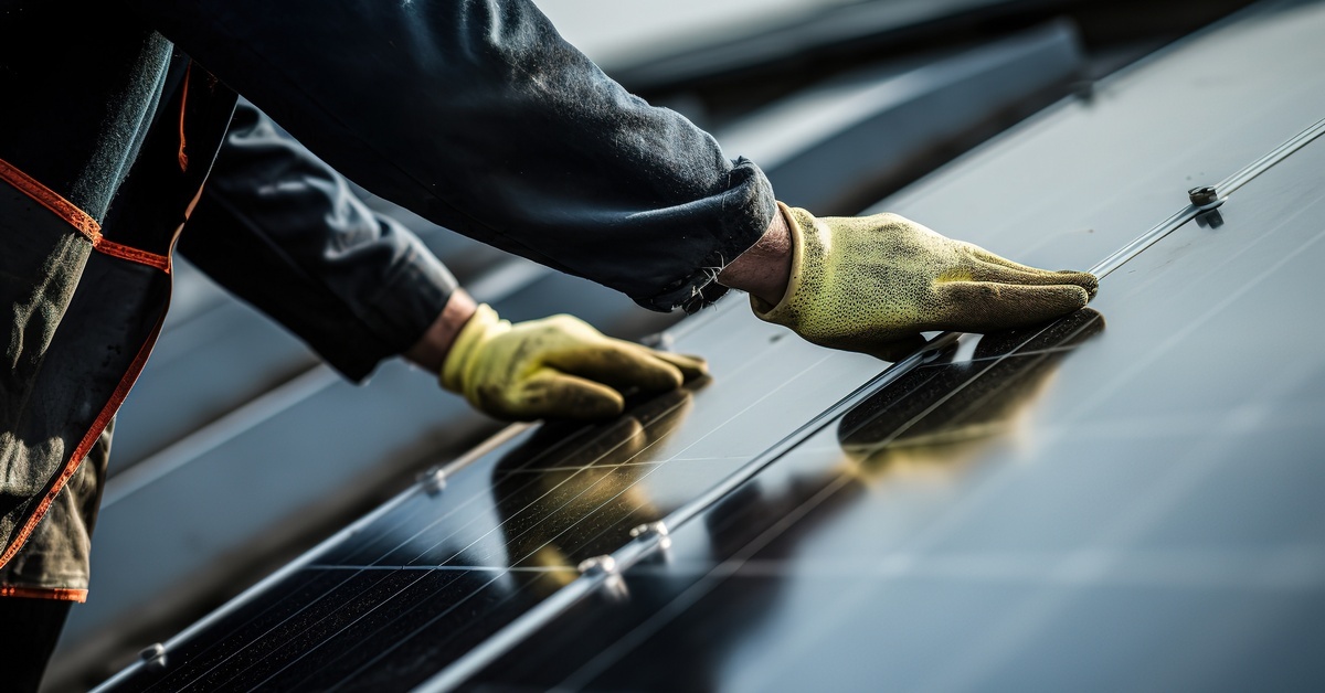 An employee working to install solar panels on a rooftop. The worker is wearing gloves and a jumpsuit.