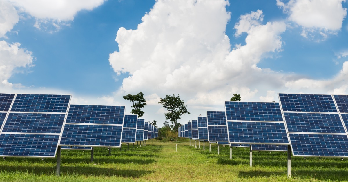 A solar farm set up in an open grassy field. The panels have a large aisle between the multiple rows of solar panels.