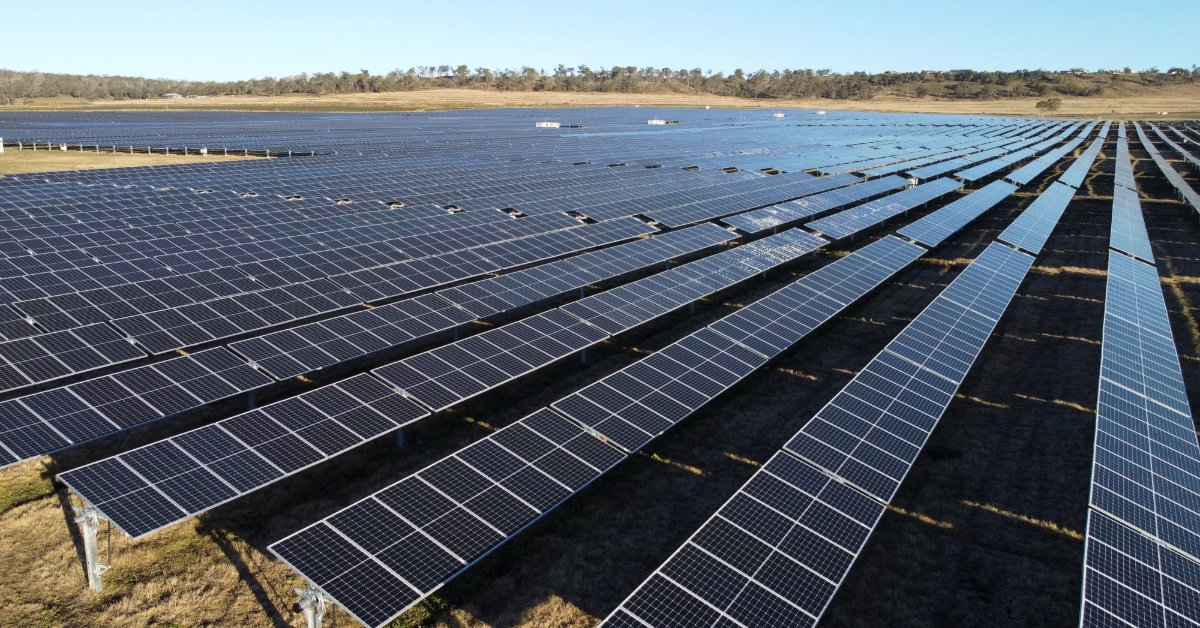 How Engraved Solar Placards Improve Readability Long rows of blue solar panels covering a dry rural field beneath a clear sky, with low trees in the distance.